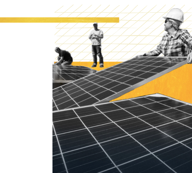 Workers install solar panels on what appears to be a large solar array or rooftop installation. Three people are visible: two workers positioned on the dark photovoltaic panels themselves, and a third person wearing a white hard hat and plaid shirt observing from the side. The image has a stylized design treatment with geometric shapes in orange and cream tones overlaying the black-and-white photograph of the solar installation work.